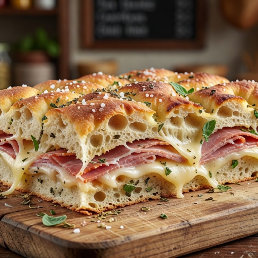 Mostrador principal del deli con fiambres ibéricos y focaccias