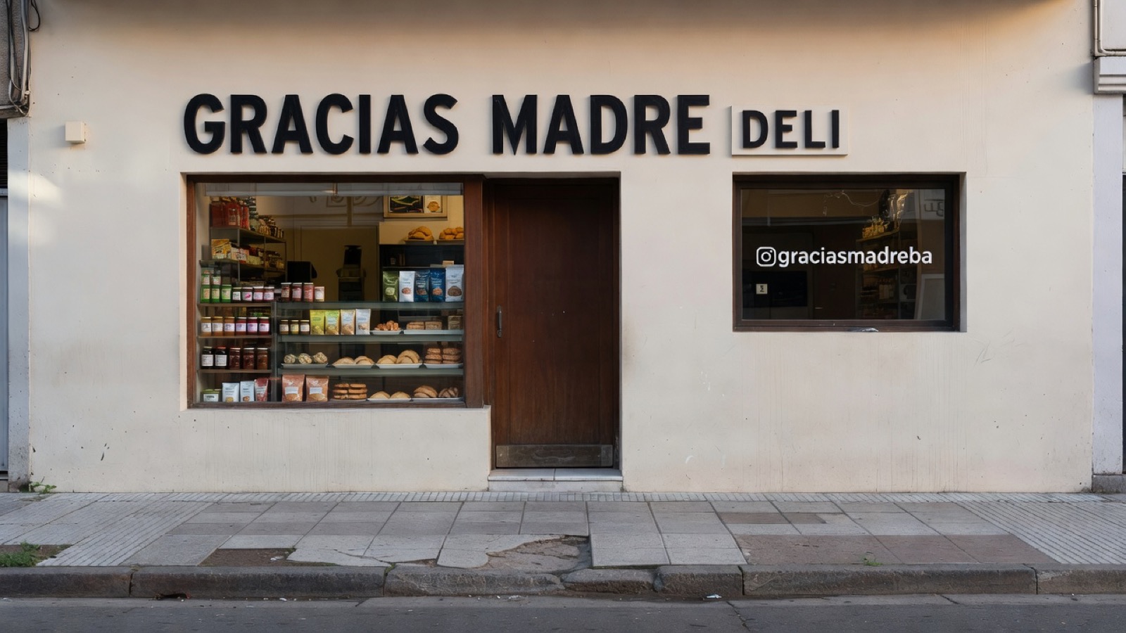 Fachada del deli Gracias Madre sobre Avenida Cabildo con la vitrina de fiambres y quesos