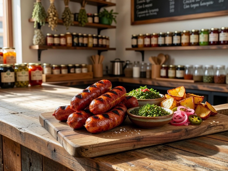 Chorizo criollo ahumado en lonchas sobre tabla rústica