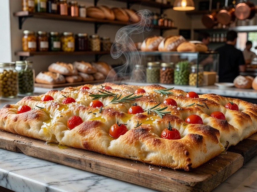 Focaccia con romero y sal gruesa recién horneada