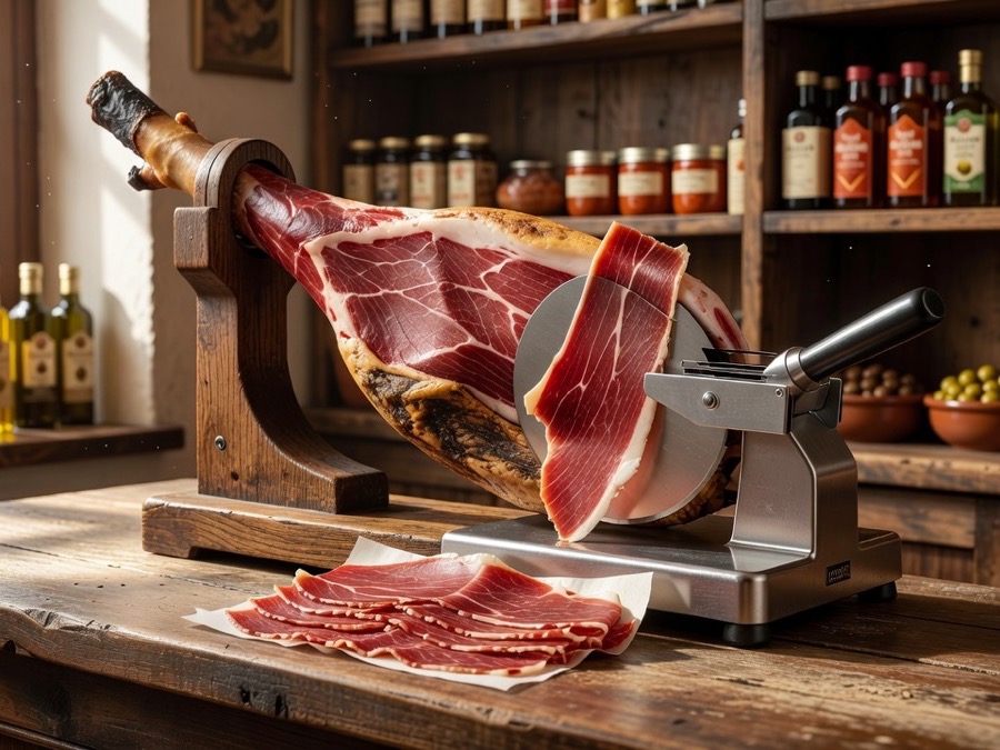 Jamón ibérico de bellota loncheado a cuchillo sobre tabla