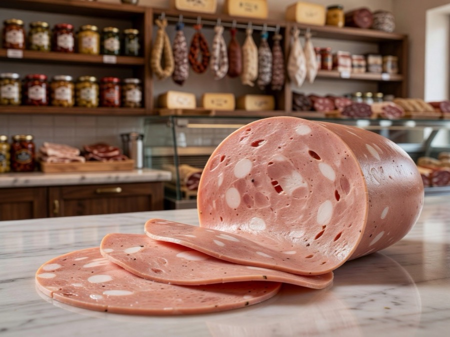 Mortadela italiana con pistachos cortada en rodajas finas