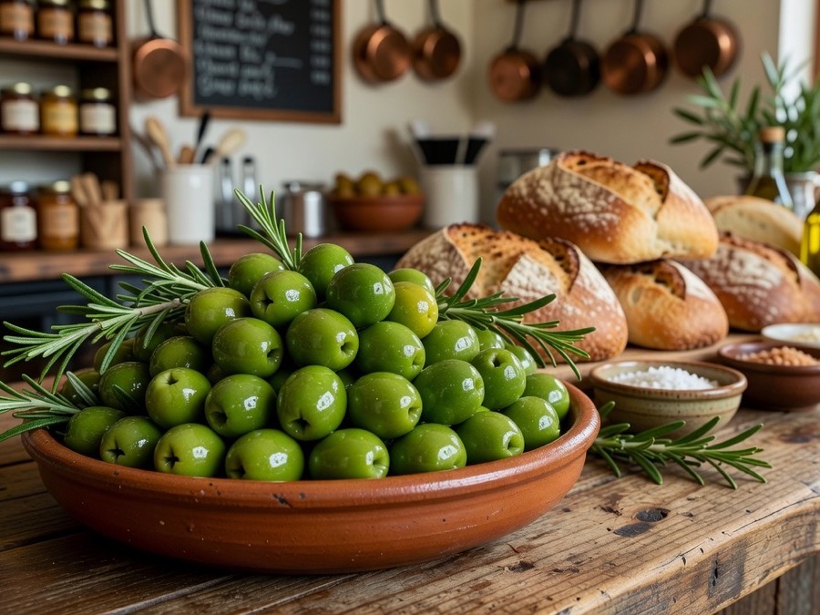 Frasco de olivas verdes marinadas con ajo y hierbas